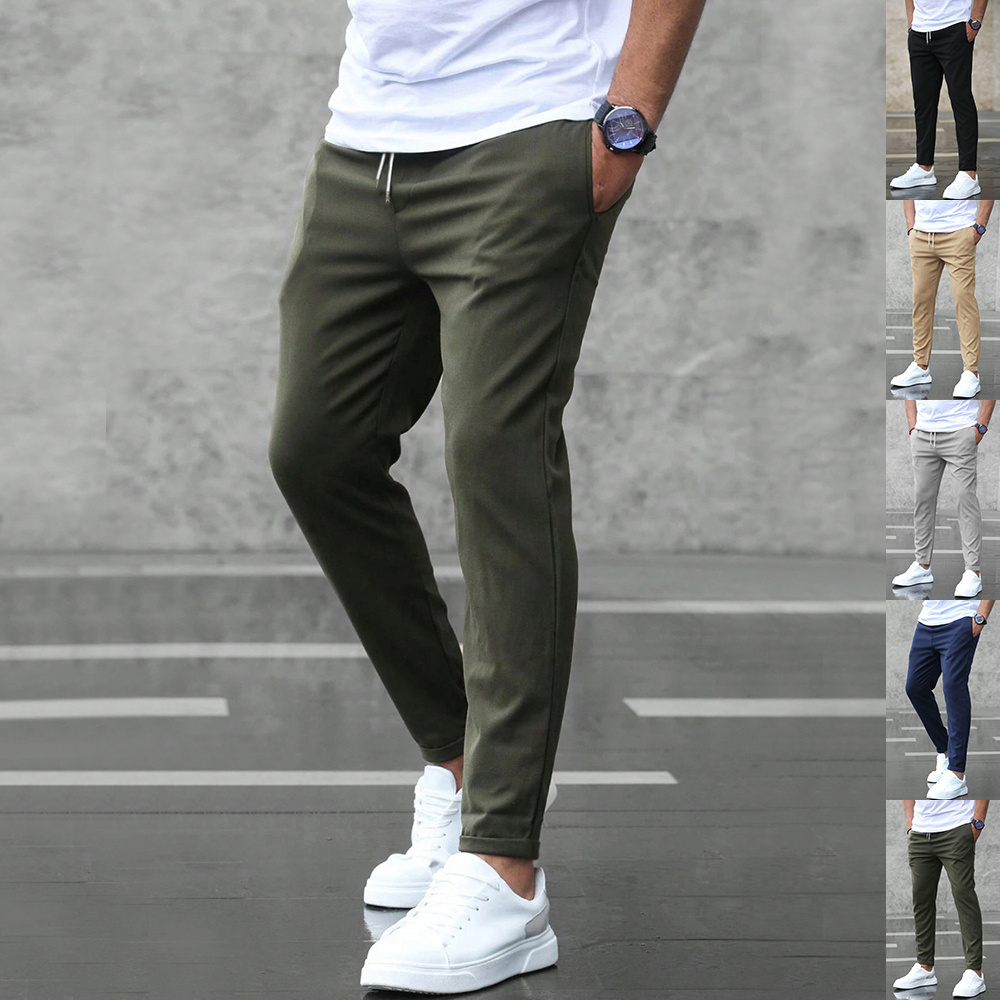 Men’s Casual Drawstring Trousers With Pockets Fashion Slim Fit  Skinny Pencil Pants Clothing